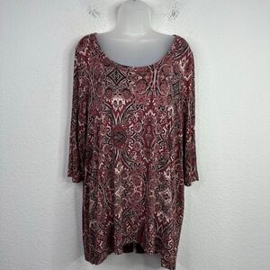 KENAR Shirt Womens‎ 1X Paisley 3/4 Sleeve Scoop Neck Boho Hippie Tunic Blouse